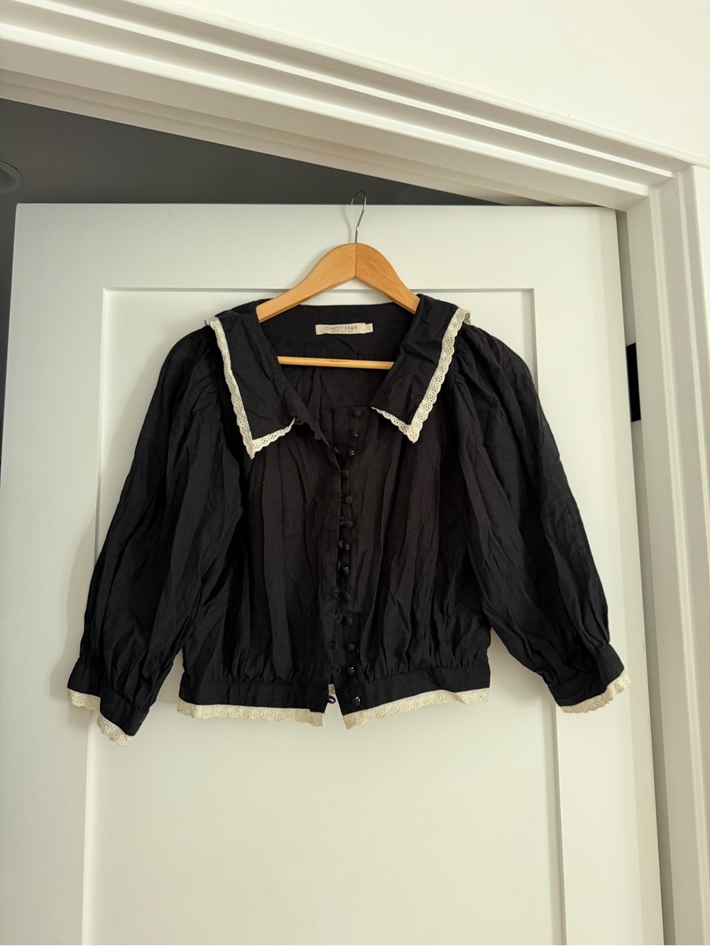 Christy Dawn Black Button-Front Jacket with Cream Lace Trim